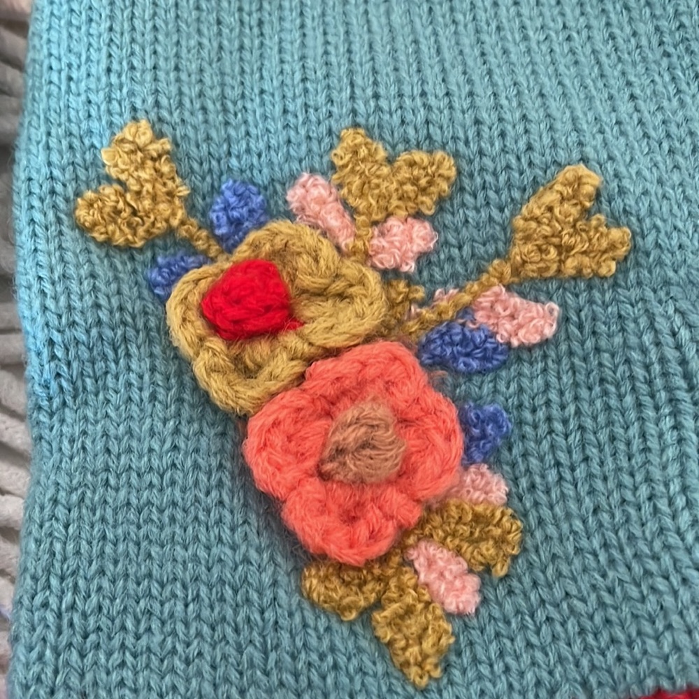 Boho Knit Fingerless Gloves w/ Floral Embroidery – Teal Multi Color - Picture 5 of 8